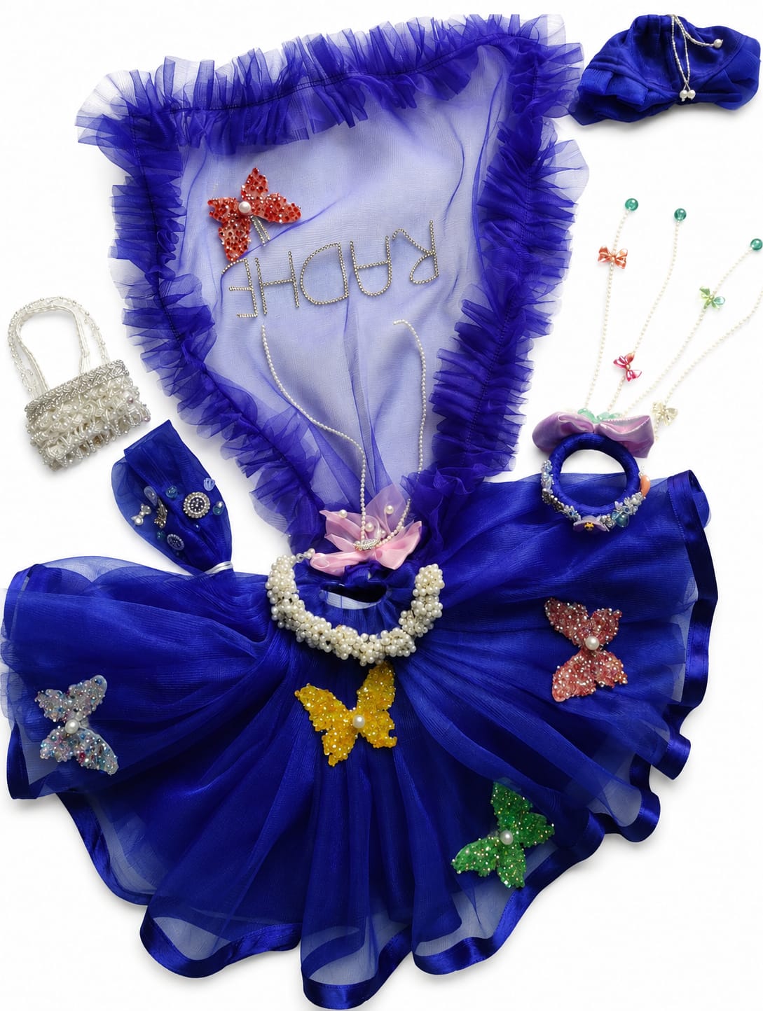 Royal Blue Butterfly Dress Set for Laddu Gopal & Radha Rani | Handmade Designer Poshak with Purse & Tiara