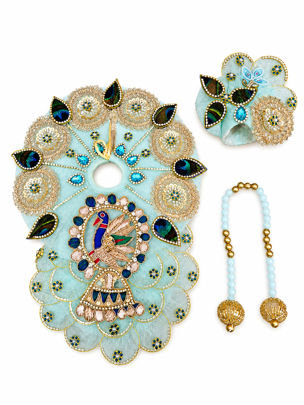 Premium Sky Blue Peacock Designer Laddu Gopal Dress with Mukut & Mala | Handmade Kanha Ji Poshak
