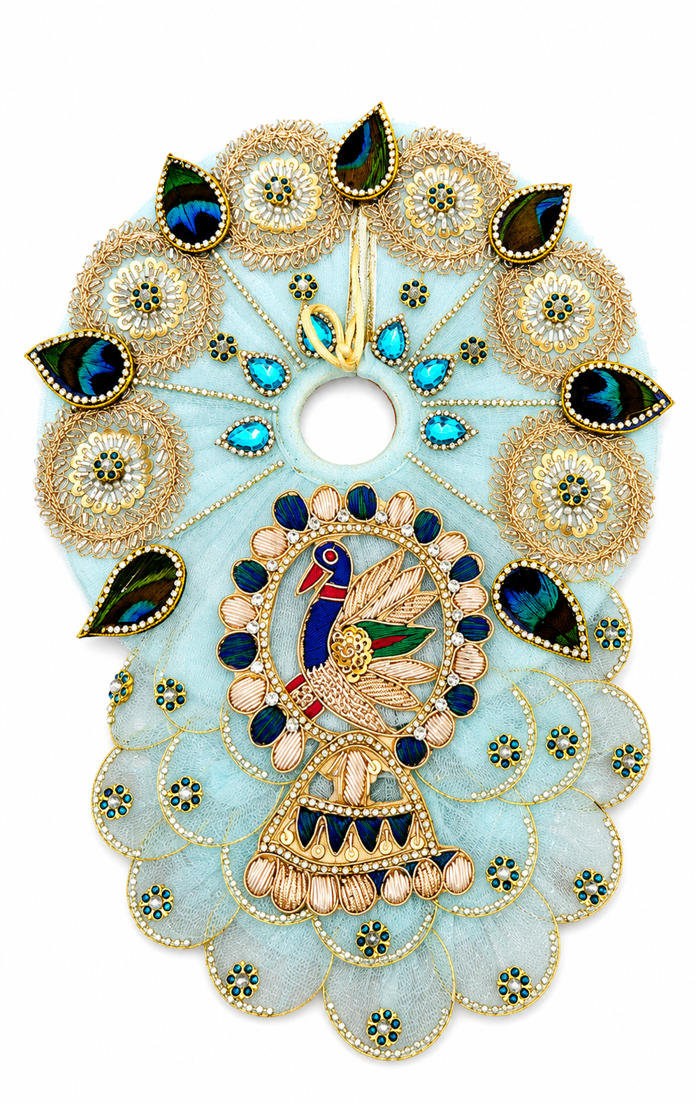 Premium Sky Blue Peacock Designer Laddu Gopal Dress with Mukut & Mala | Handmade Kanha Ji Poshak
