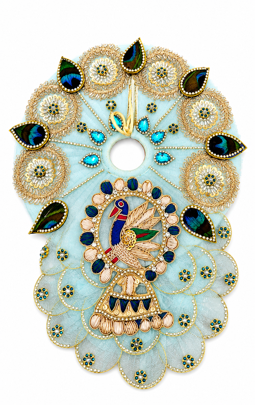Premium Sky Blue Peacock Designer Laddu Gopal Dress with Mukut & Mala | Handmade Kanha Ji Poshak