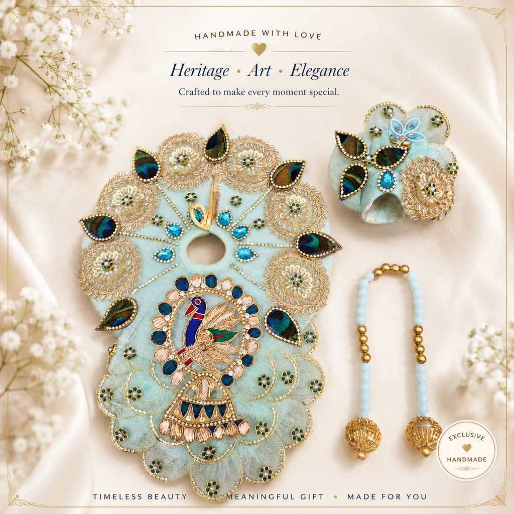 Premium Sky Blue Peacock Designer Laddu Gopal Dress with Mukut & Mala | Handmade Kanha Ji Poshak