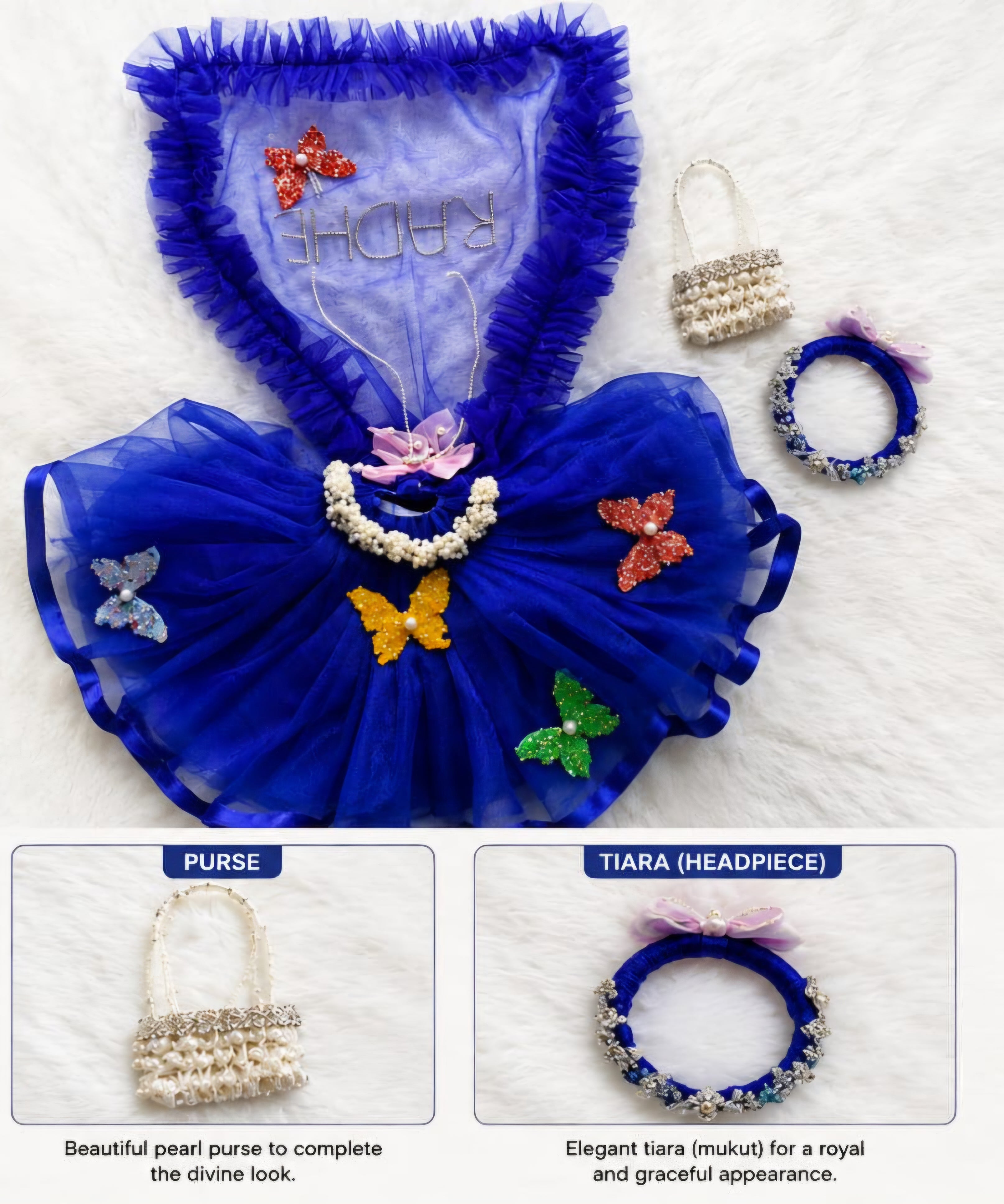 Royal Blue Butterfly Dress Set for Laddu Gopal | Handmade Designer Poshak with Purse & Tiara
