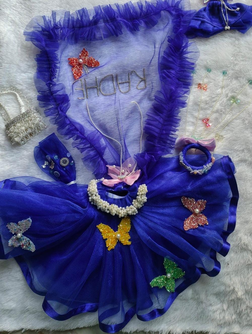 Royal Blue Butterfly Dress Set for Laddu Gopal | Handmade Designer Poshak with Purse & Tiara