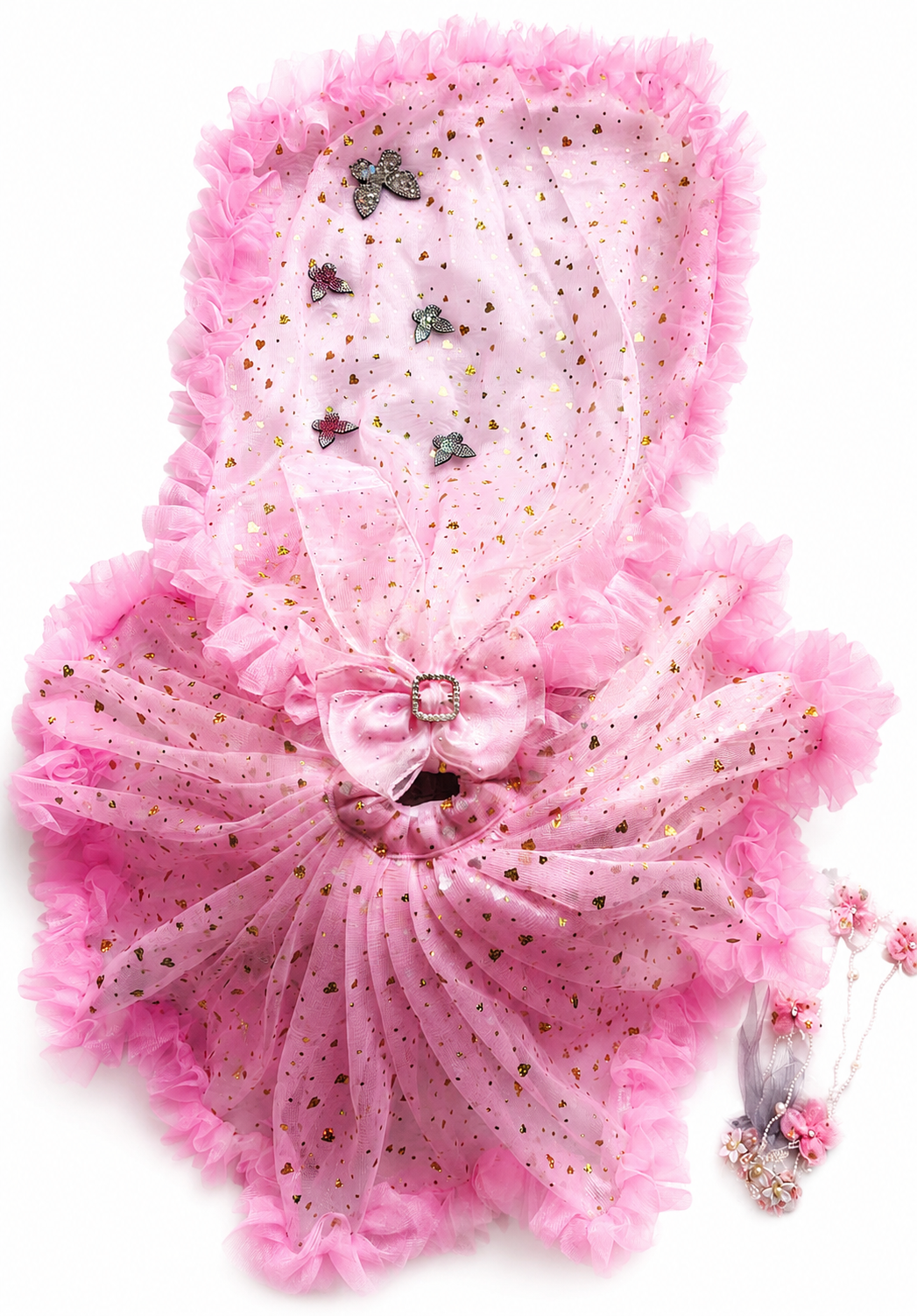 Premium Pink Frill Net Dress with Matching Tiara (Mukut) for Laddu Gopal Ji & Radha Rani