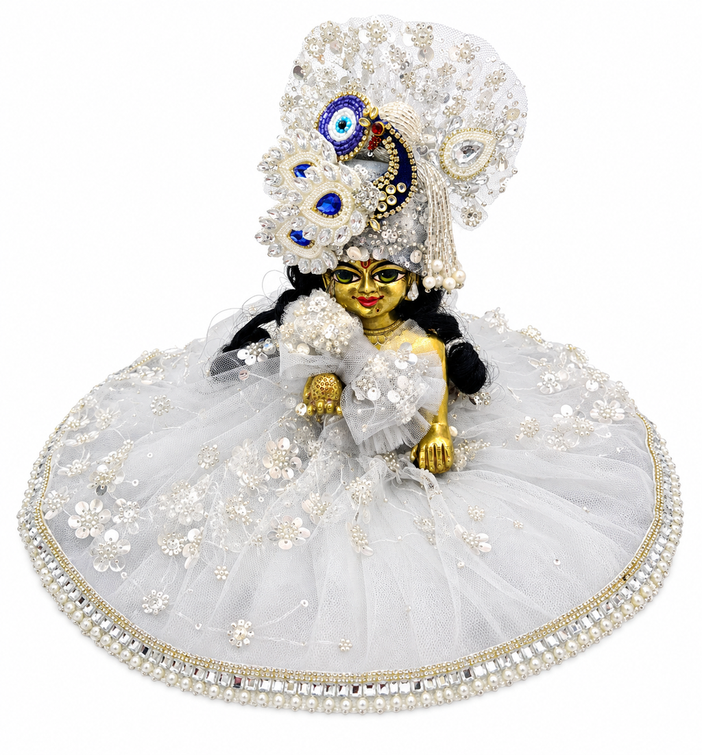 ✨ Elegant White & Silver Laddu Gopal Designer Poshak ✨
